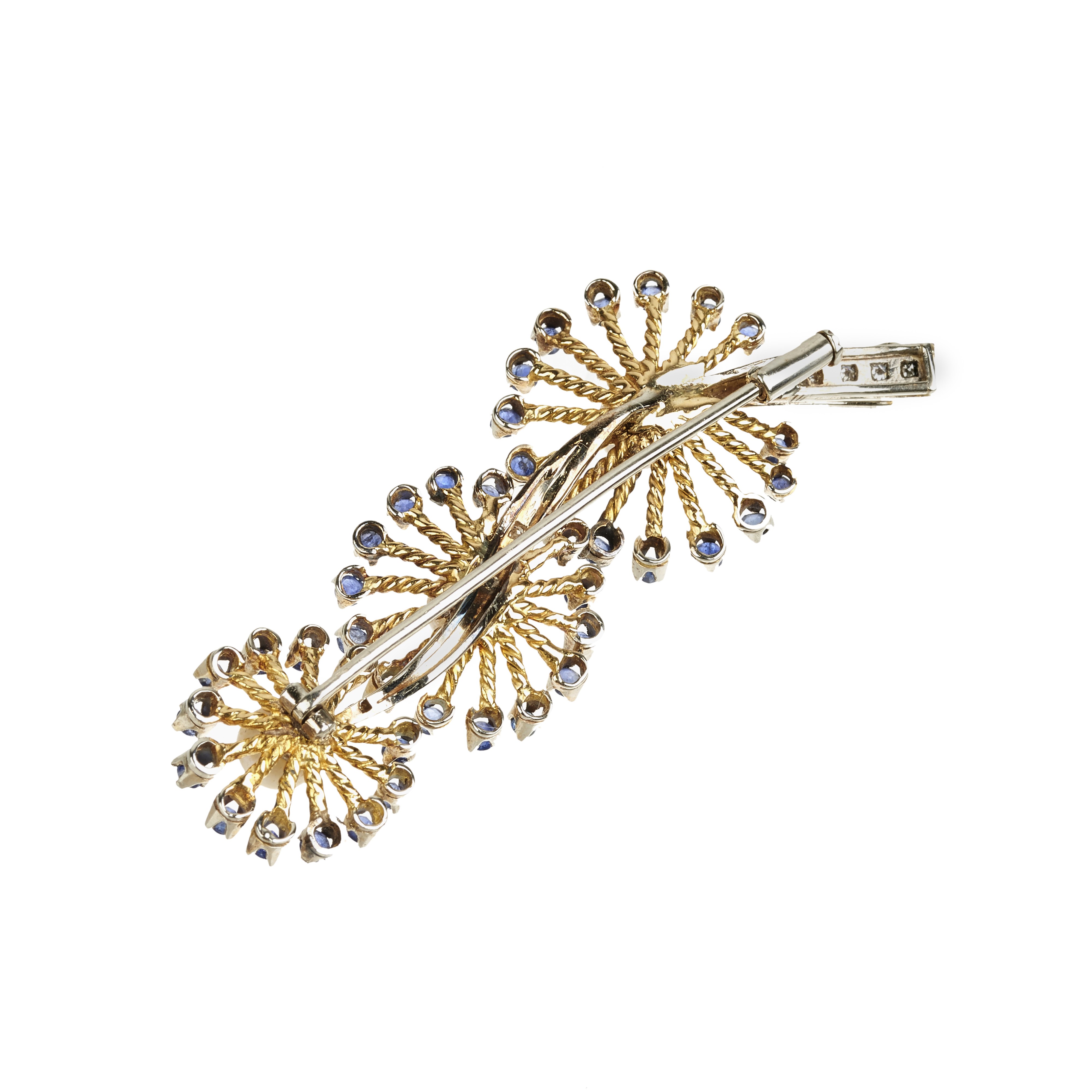 Spilla floreale in oro giallo, oro bianco, diamanti, zaffiri e perle coltivate