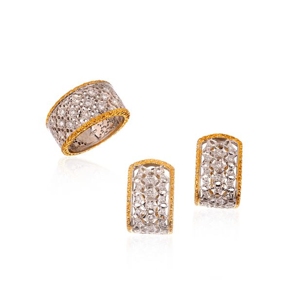 Pair of earrings and ring in 18 kt white and yellow gold and diamonds