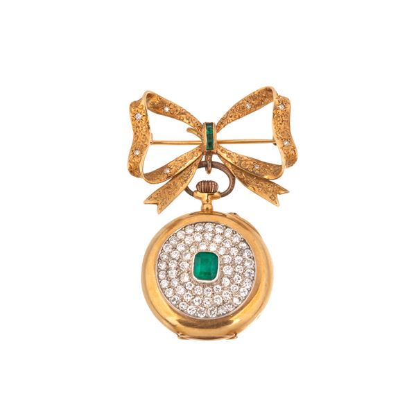 Pocket watch with bow brooch in 18 kt yellow gold, diamonds and emerald