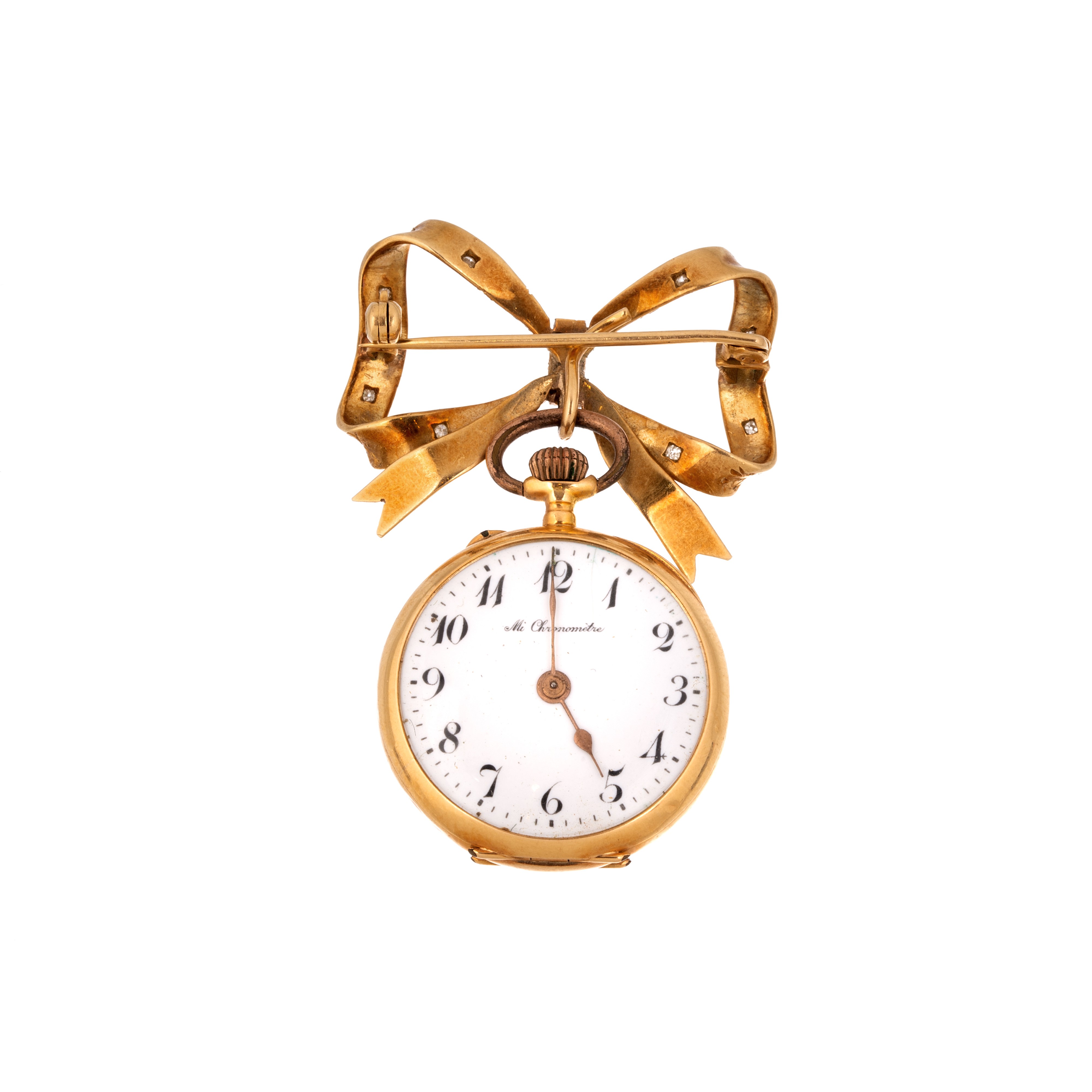 Orologio da tasca con spilla a fiocco in oro giallo 18 kt, diamanti e smeraldo