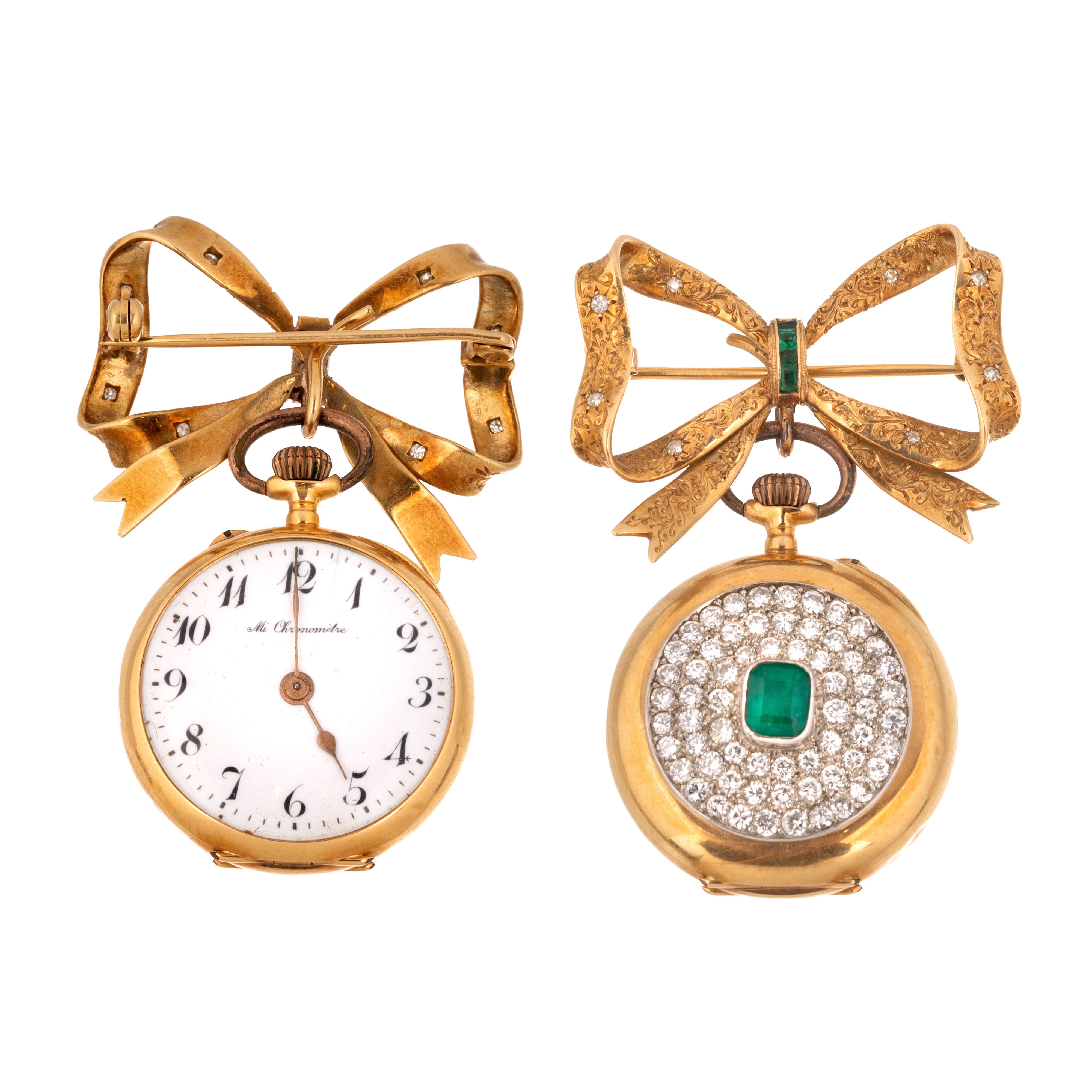 Orologio da tasca con spilla a fiocco in oro giallo 18 kt, diamanti e smeraldo