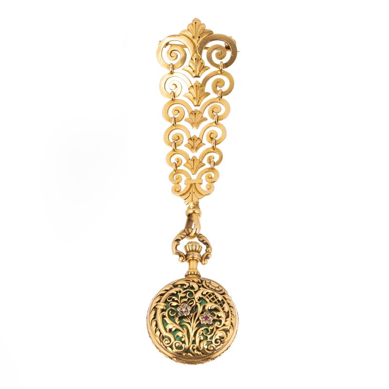 Orologio da tasca in oro giallo 18 kt, diamanti e smalto verde con spilla floreale in oro giallo