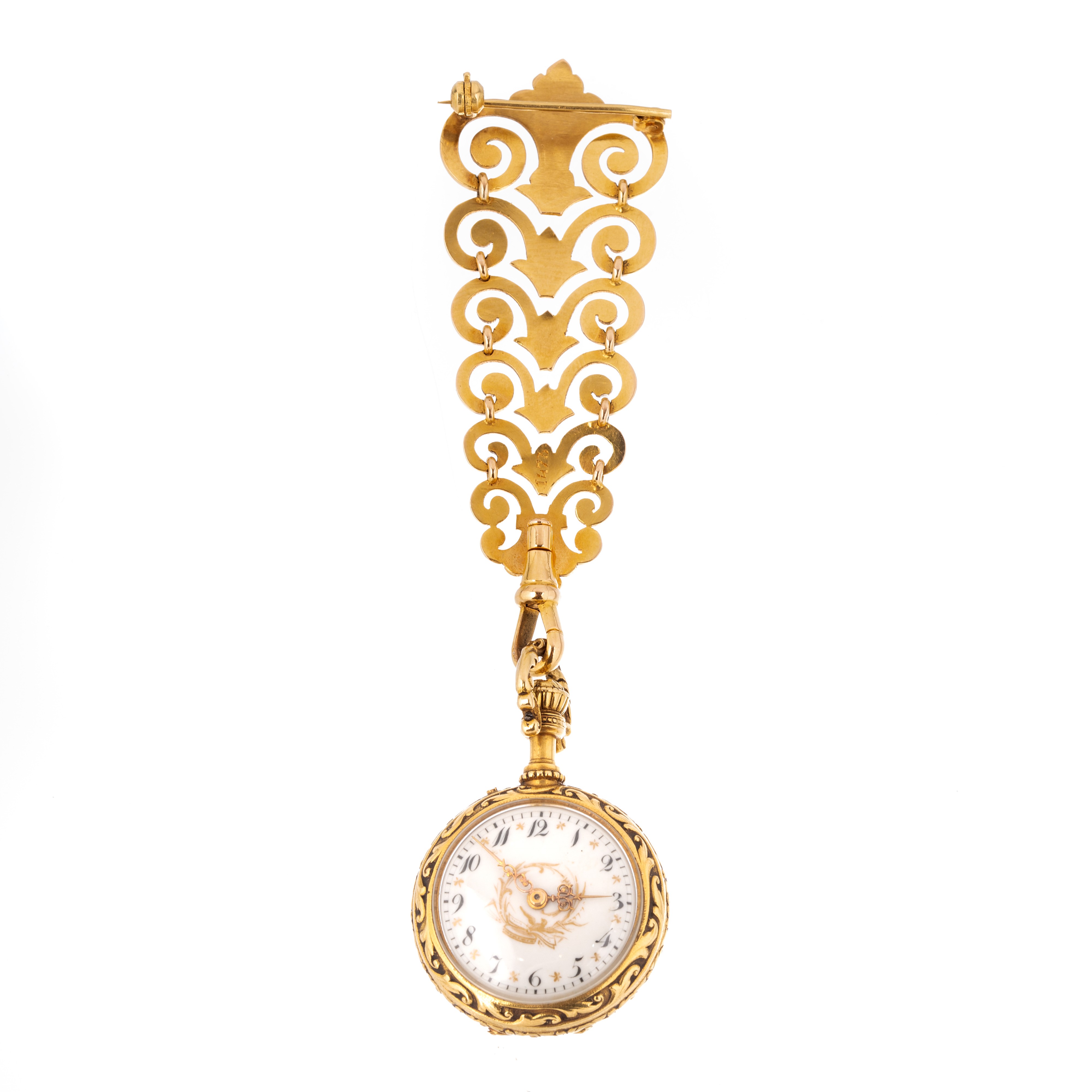 Orologio da tasca in oro giallo 18 kt, diamanti e smalto verde con spilla floreale in oro giallo