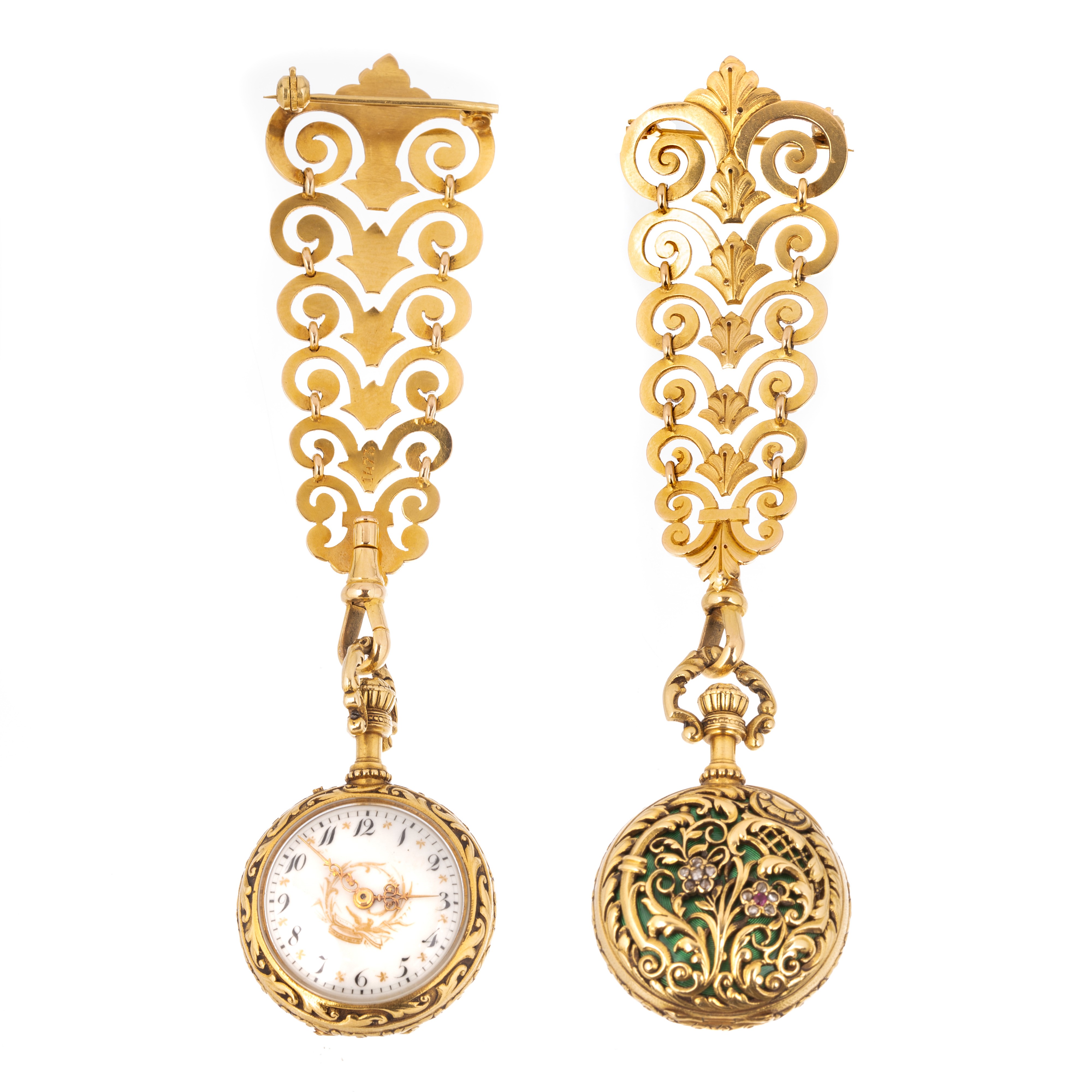 Orologio da tasca in oro giallo 18 kt, diamanti e smalto verde con spilla floreale in oro giallo
