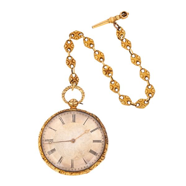 Pocket watch with 18 kt yellow gold chain and key