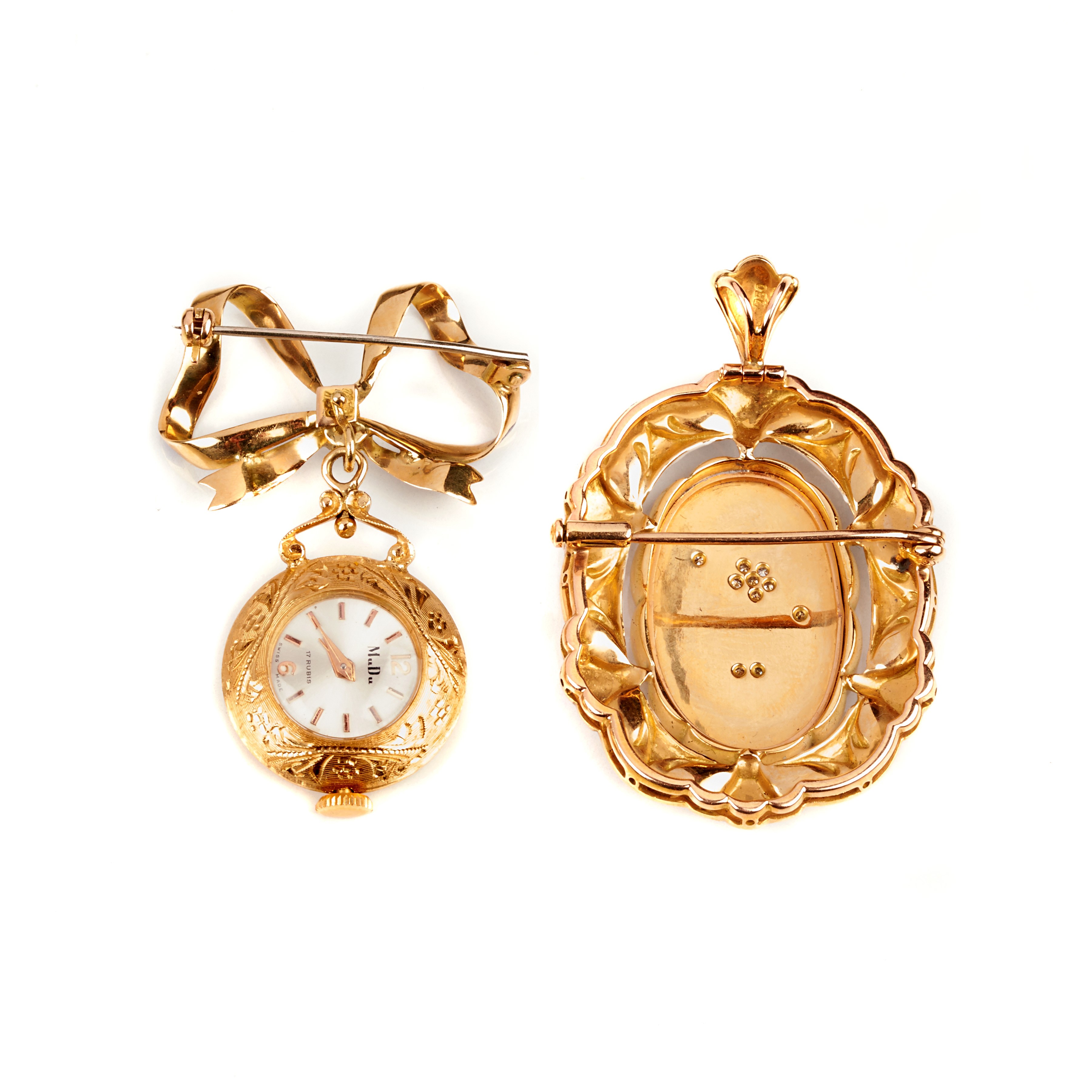 Pendente a fiocco con orologio e pendente ovale in oro giallo 18 kt, smalti bianch e blu