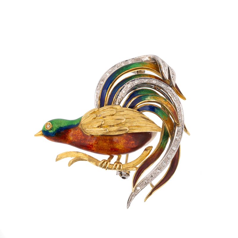 Grande spilla Fenice in oro giallo 18 kt, oro bianco, diamanti e smalti policromi