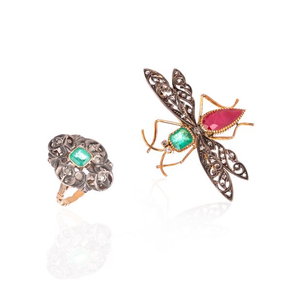 Dragonfly brooch in yellow gold, silver, diamonds, emerald and ruby root and a similar ring