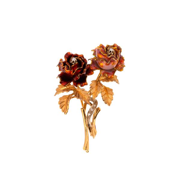 Bouquet of roses brooch in yellow gold, diamonds and polychrome enamel