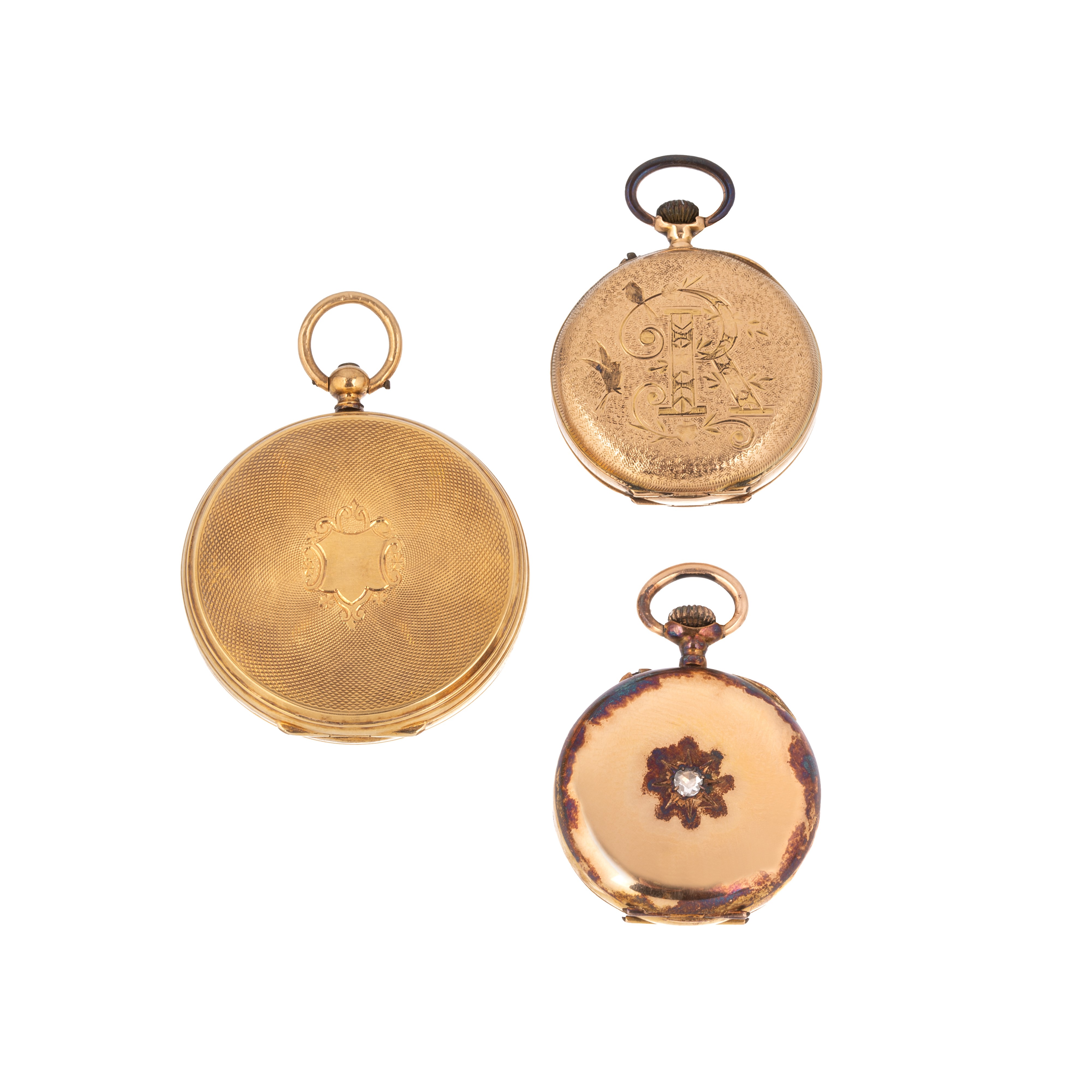 Orologio da tasca in oro 18 kt e altri due più piccoli in oro giallo 18 kt e diamanti