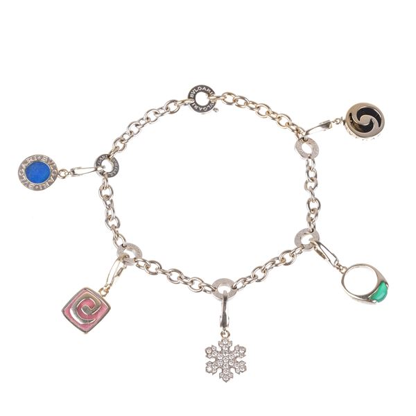 BULGARI - White gold link bracelet with gold, diamond and enamel charms