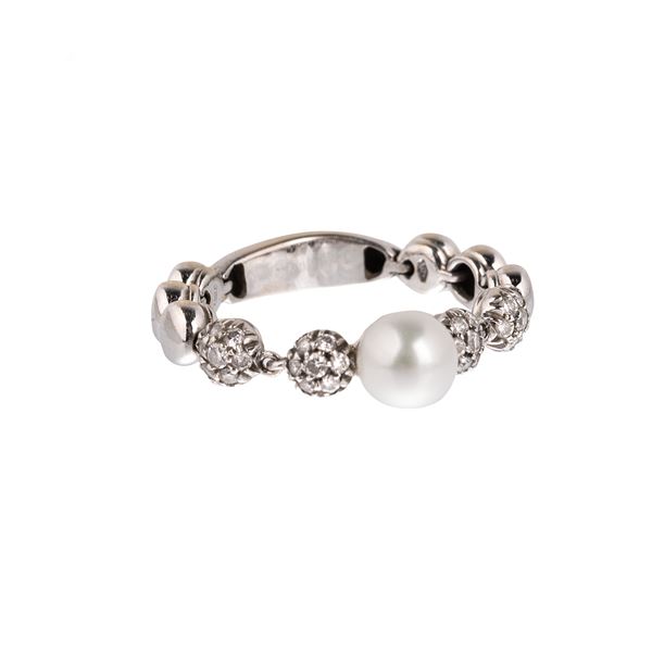 CHANTECLER - Semi-rigid ring in white gold, diamonds and pearl