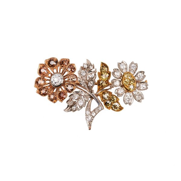 Spilla Florele in oro 14 kt, diamanti e diamanti fancy