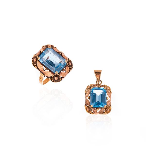 Pendant and ring in 14kt rose gold and light blue synthetic spinels