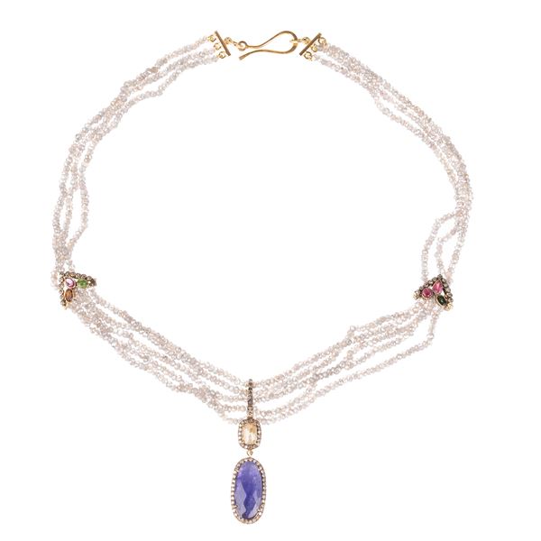 Choker in yellow gold, labradorite, diamonds and tanzanite