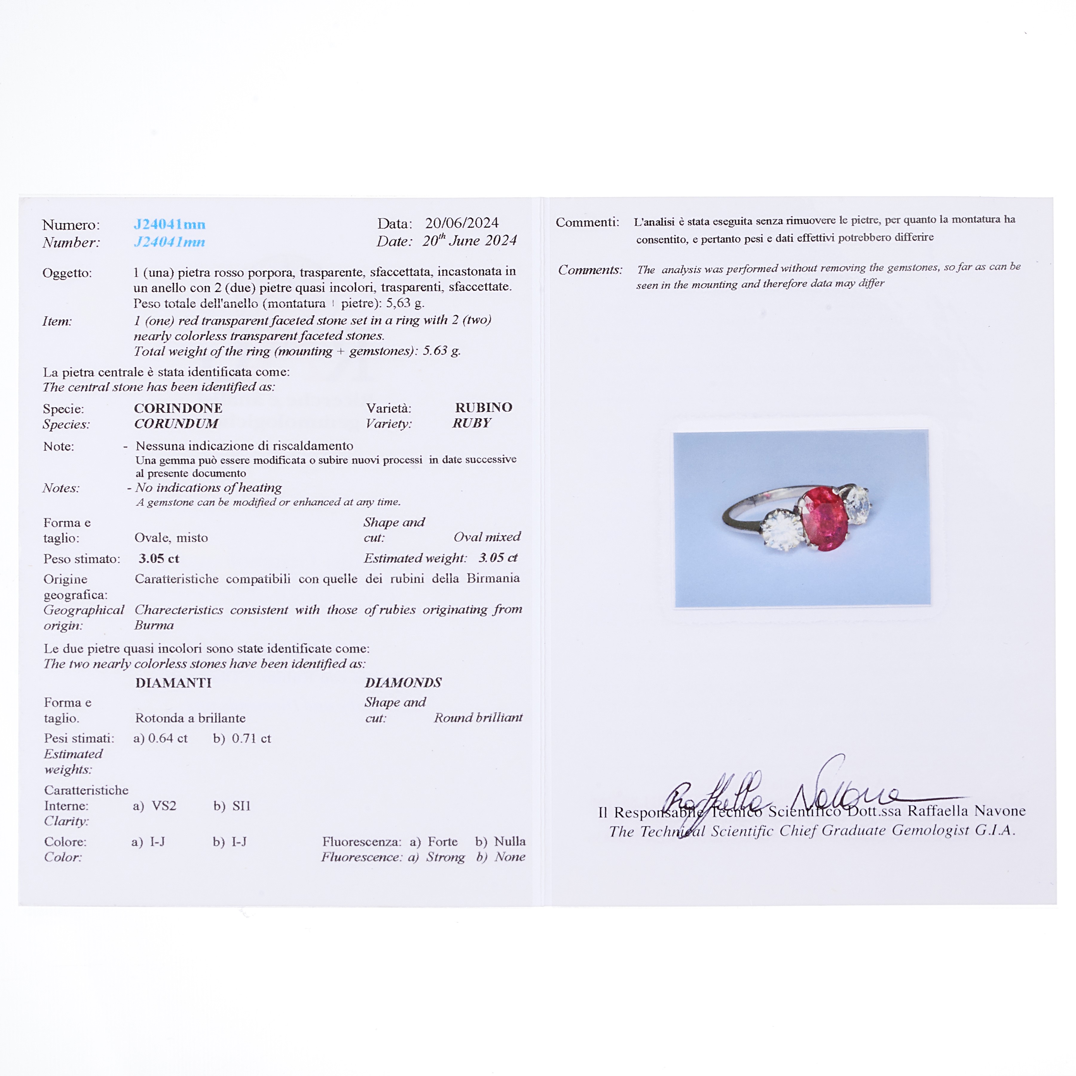 Anello in oro bianco, diamanti e rubino Birmano naturale