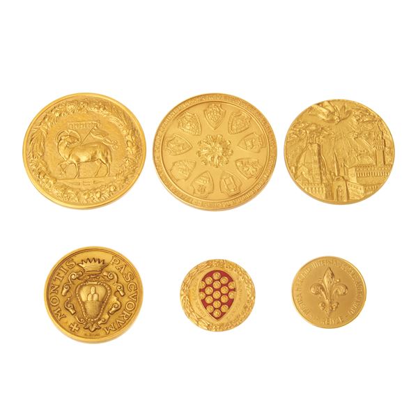 Lotto di sei medaglie commemorative in oro 18 kt