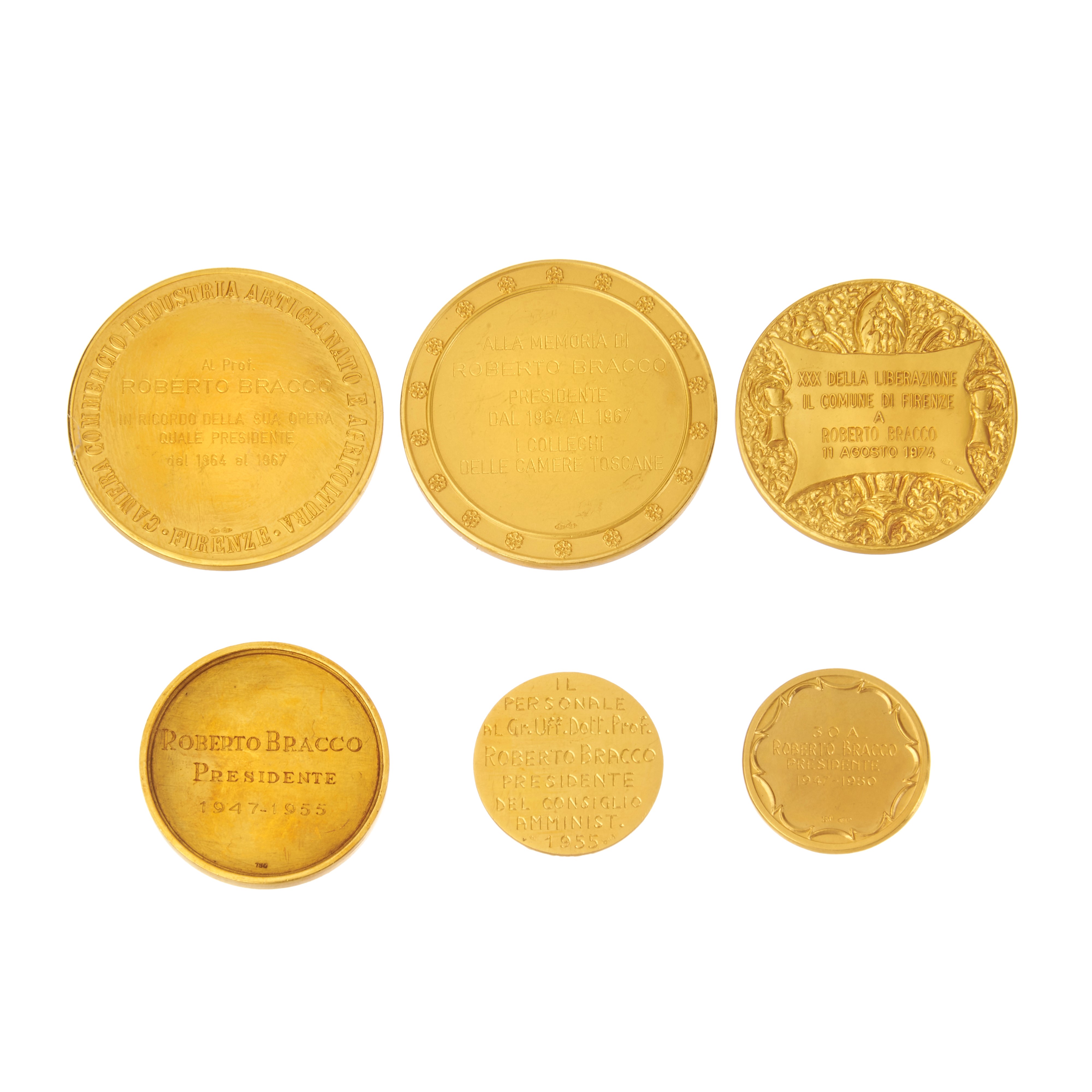 Lotto di sei medaglie commemorative in oro 18 kt