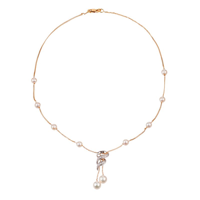 Girocollo in oro giallo, oro bianco, perle coltivate e diamanti