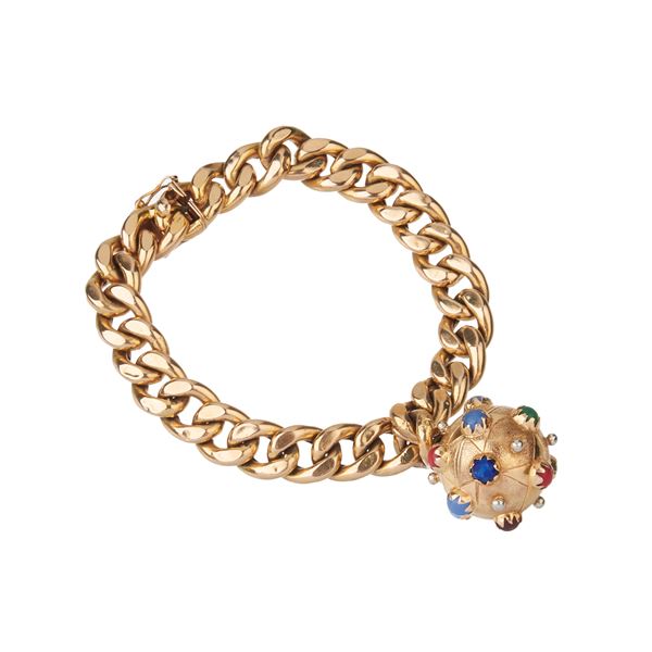 18 kt yellow gold intertwined link bracelet with yellow gold lead and semiprecious stones