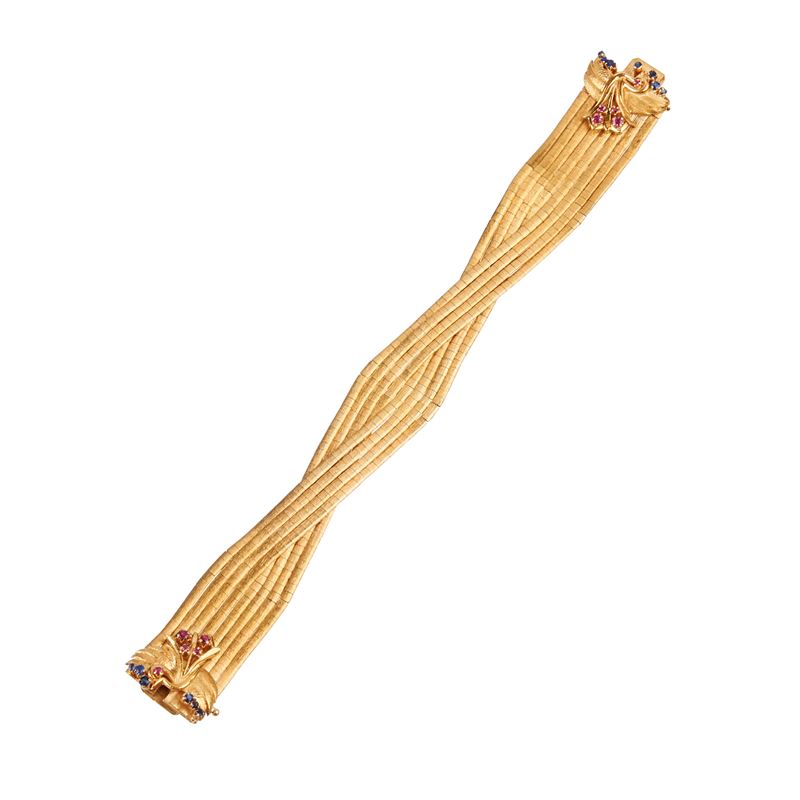 Bracciale millefili in oro giallo 18 kt satinato, rubini e zaffiri