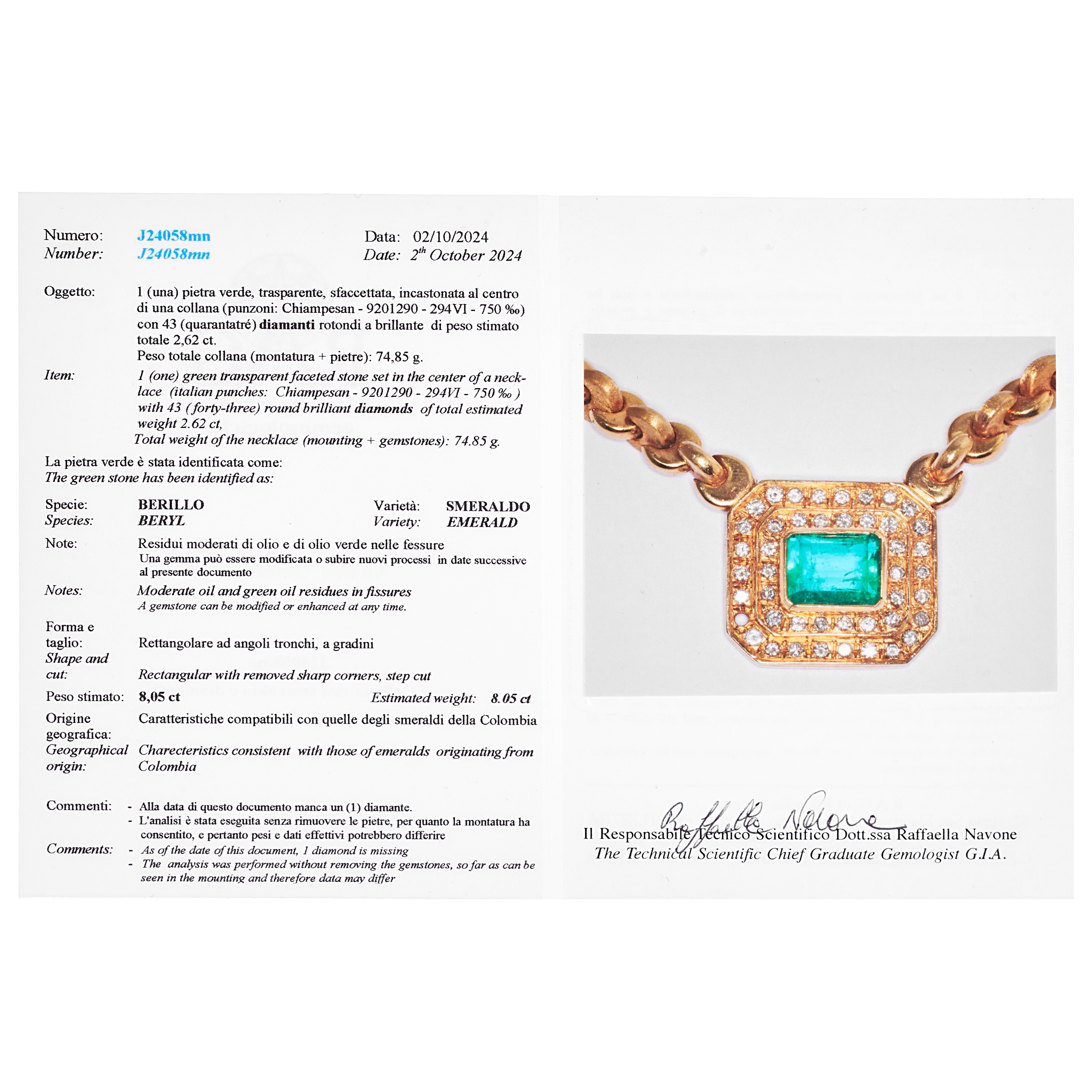 Chiampesan Importante Collier in oro giallo 18 kt, in parte satinato, diamanti e smeraldo