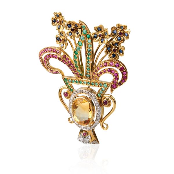 Large vase brooch in yellow gold, yellow quartz, diamonds, emeralds and sapphires