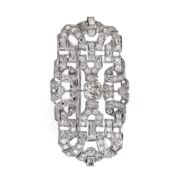 Large rectangular brooch in 18 kt white gold and diamonds