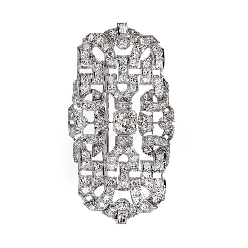 Grande spilla rettangolare in oro bianco 18 kt e diamanti