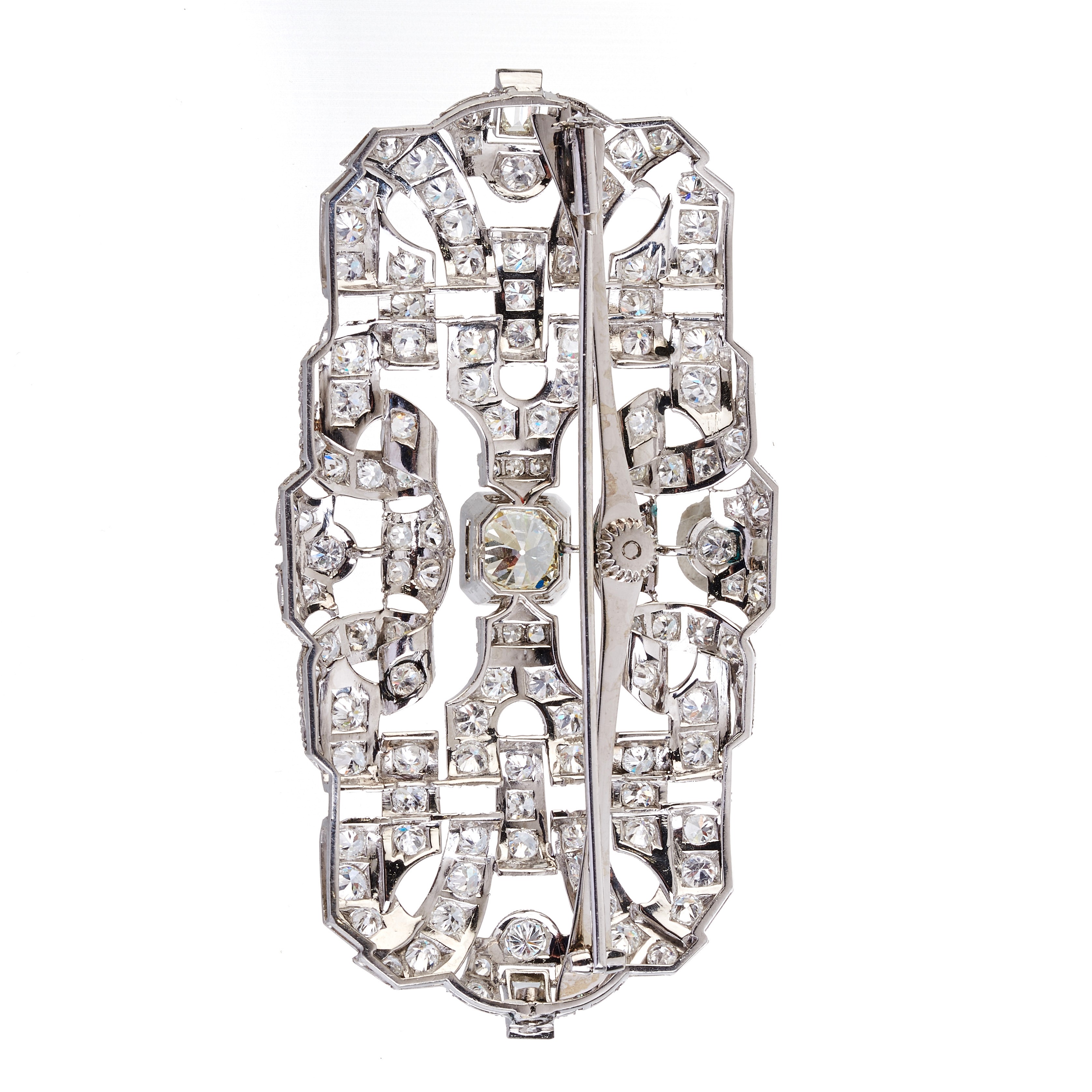 Grande spilla rettangolare in oro bianco 18 kt e diamanti