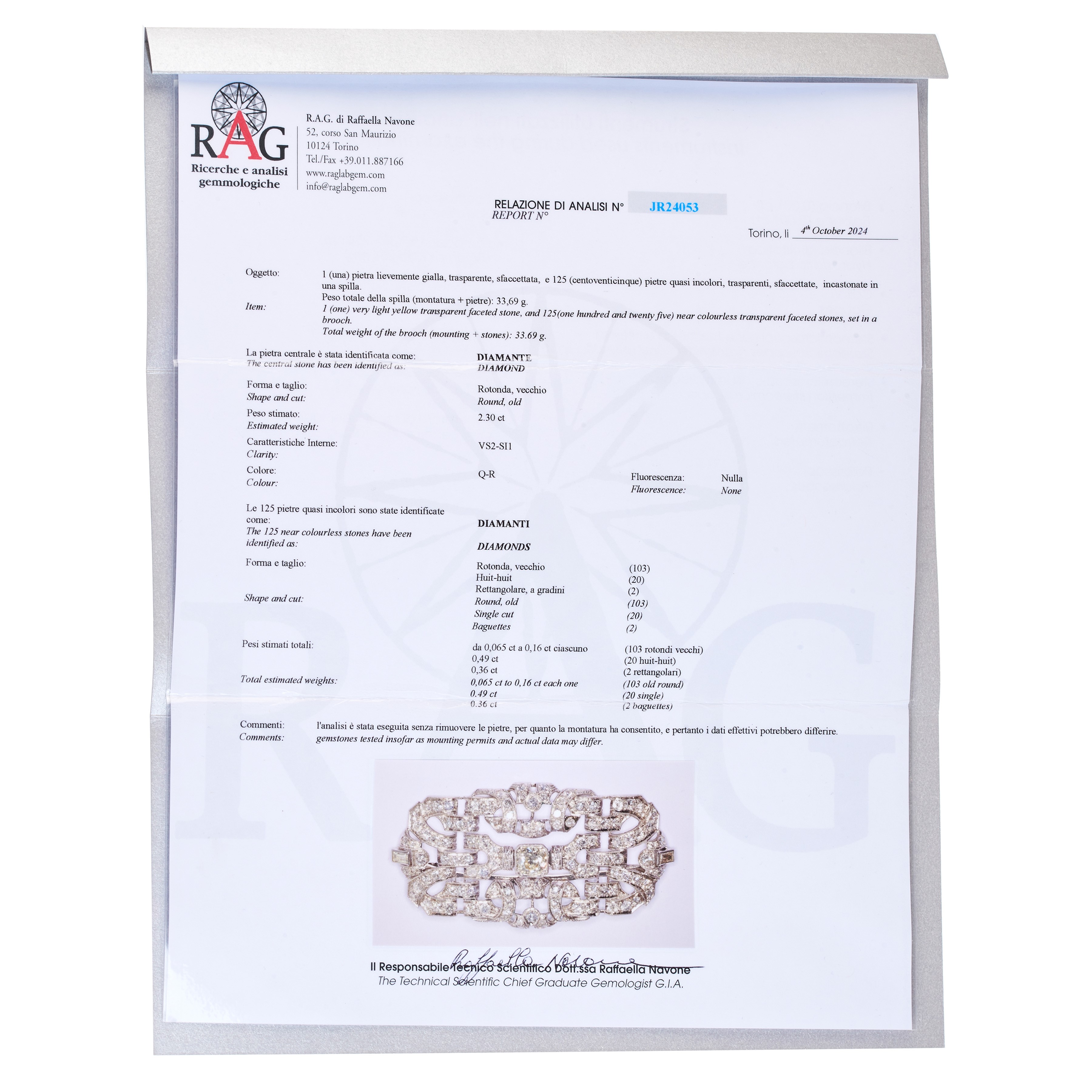 Grande spilla rettangolare in oro bianco 18 kt e diamanti