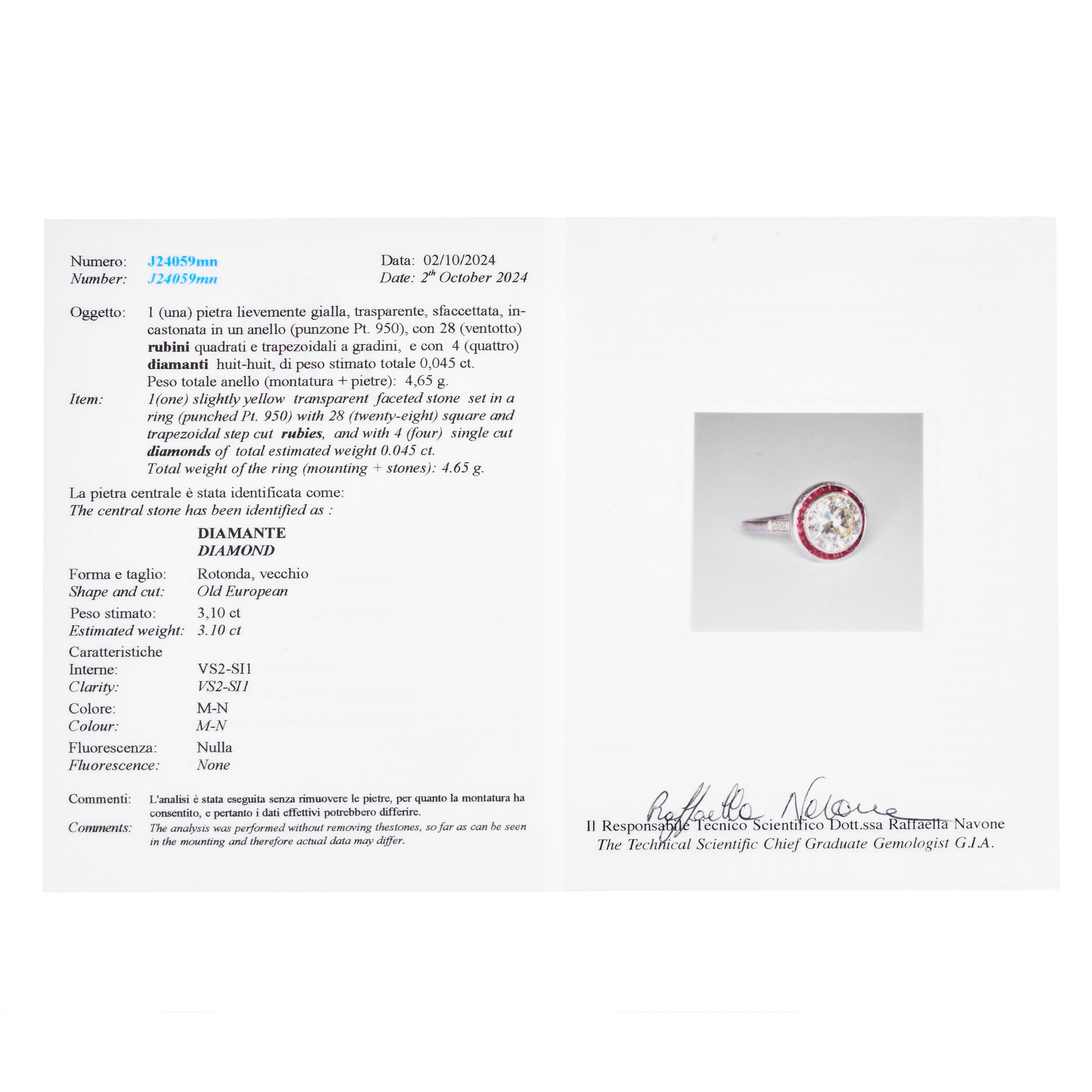 Anello solitario in oro bianco 18 kt, diamante e rubini