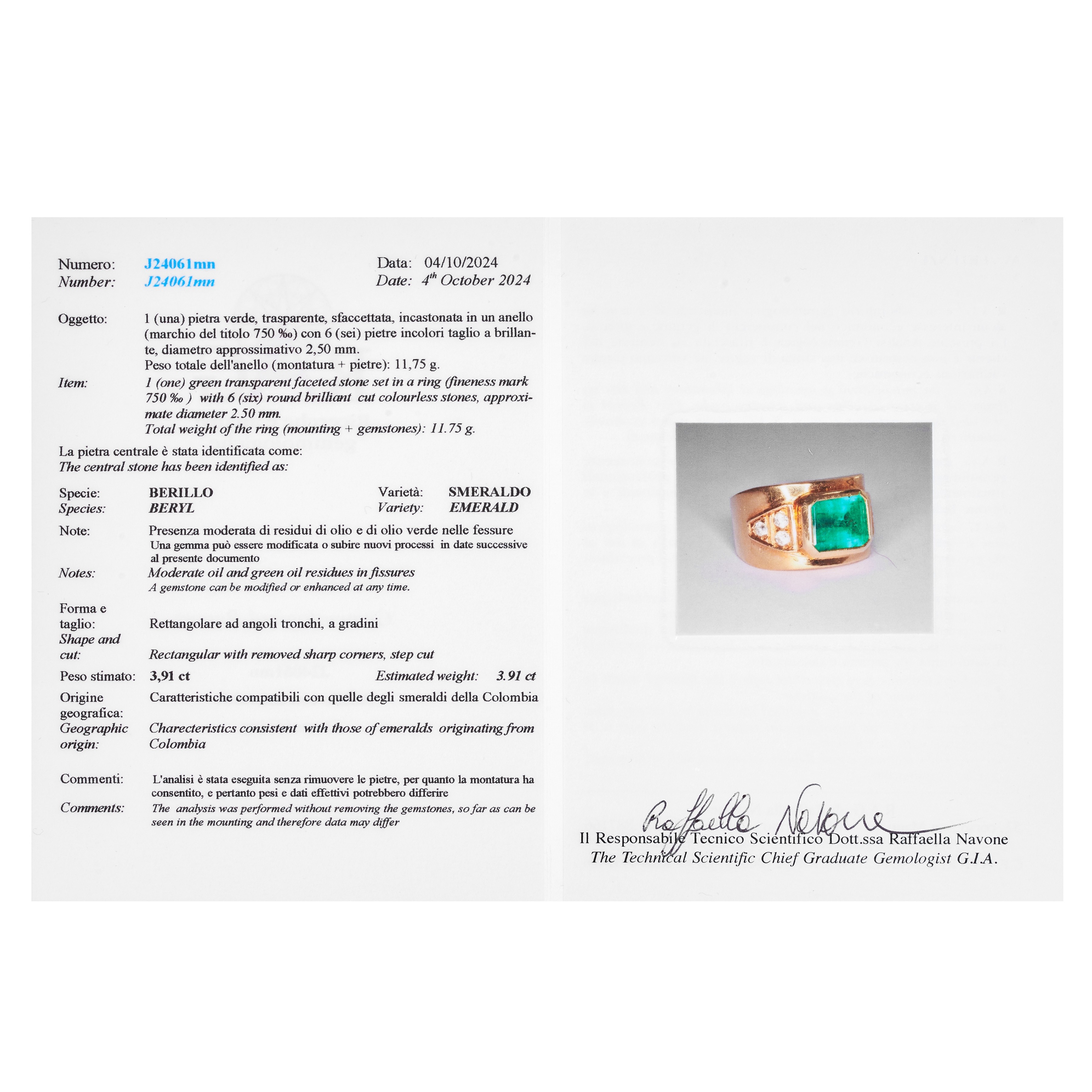 Anello a fascia in oro giallo 18 kt, pietre incolore e smeraldo Colombiano