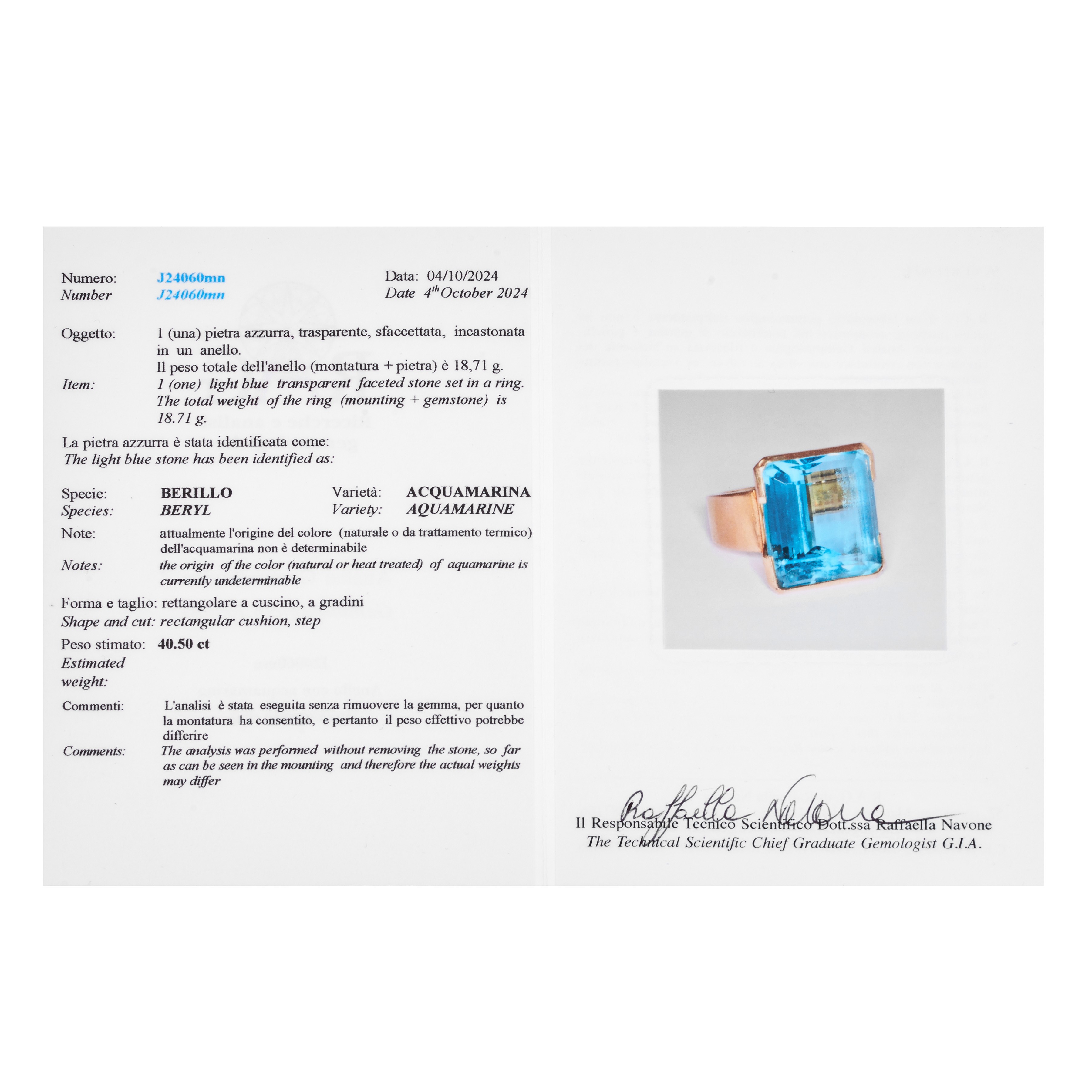 Grande anello in oro giallo 18 kt e aquamarina