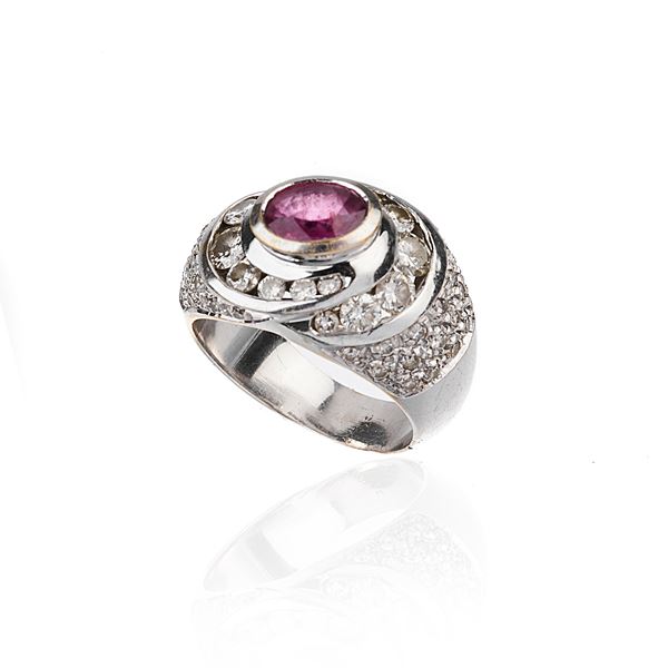 Ring in 18 kt white gold, diamonds and ruby