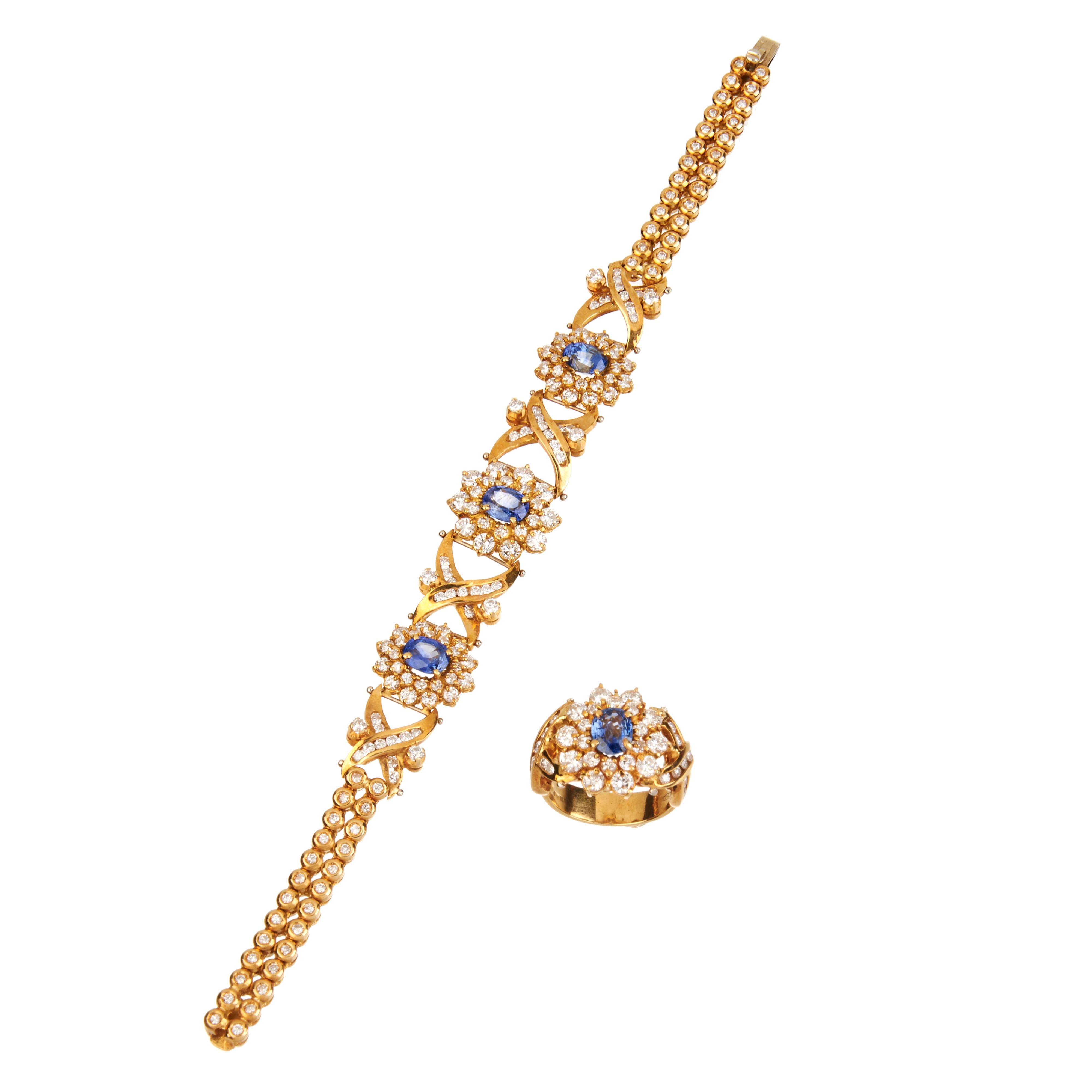 Bracciale e anello in oro giallo 18 kt, diamanti e zaffiri Ceylon