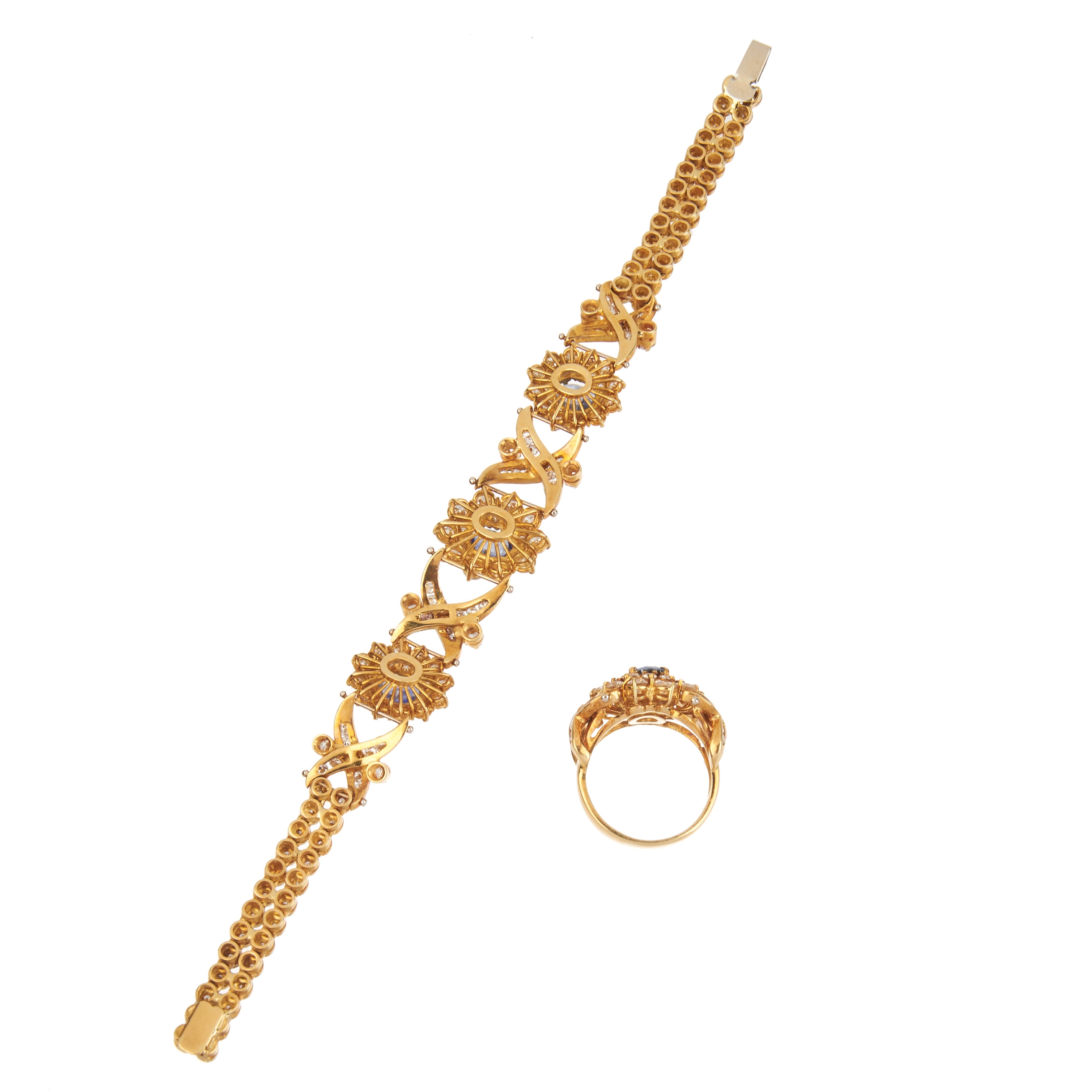 Bracciale e anello in oro giallo 18 kt, diamanti e zaffiri Ceylon