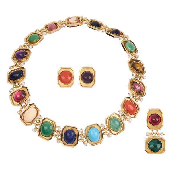 Particular necklace in 18 kt yellow gold and semi-precious stones of various colors and en suite earrings