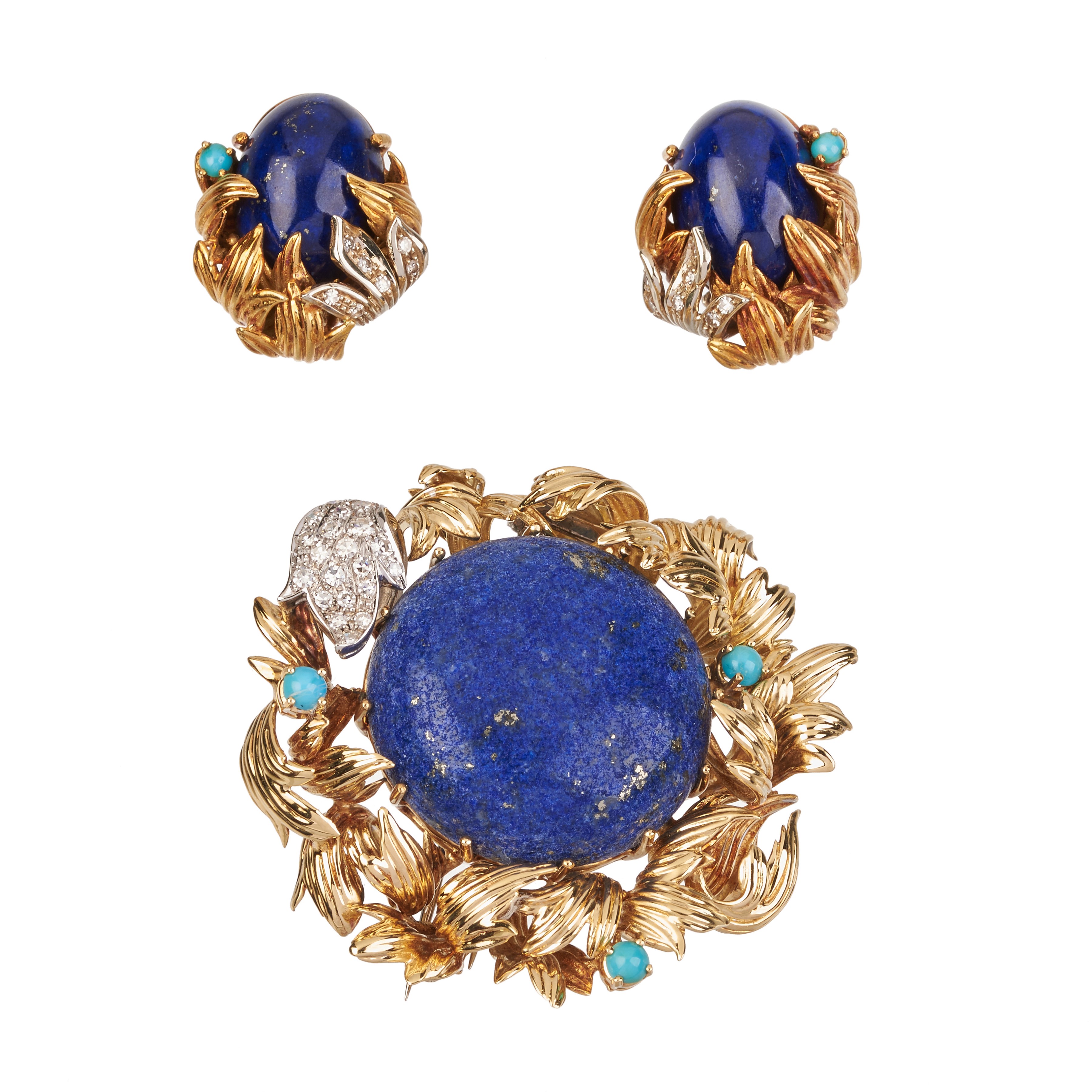 Grande clip floreale in oro giallo 18 kt, diamanti, turchese e lapislazzuli e orecchii en suite