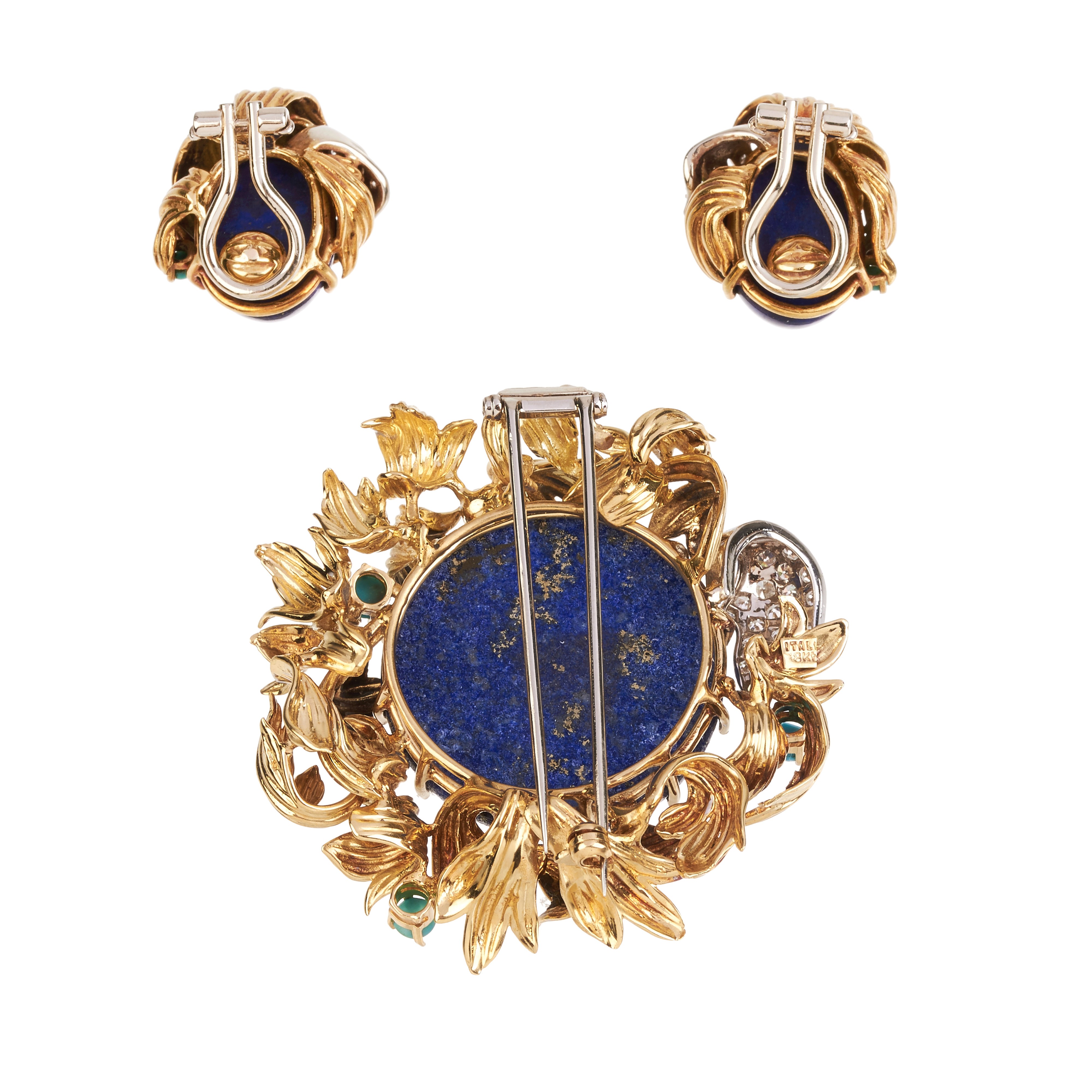 Grande clip floreale in oro giallo 18 kt, diamanti, turchese e lapislazzuli e orecchii en suite