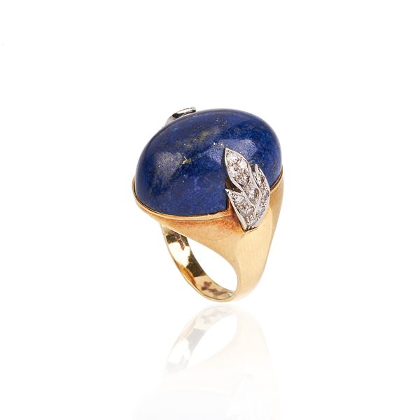 Ring in 18 kt yellow gold, diamonds, turquoise and lapis lazuli