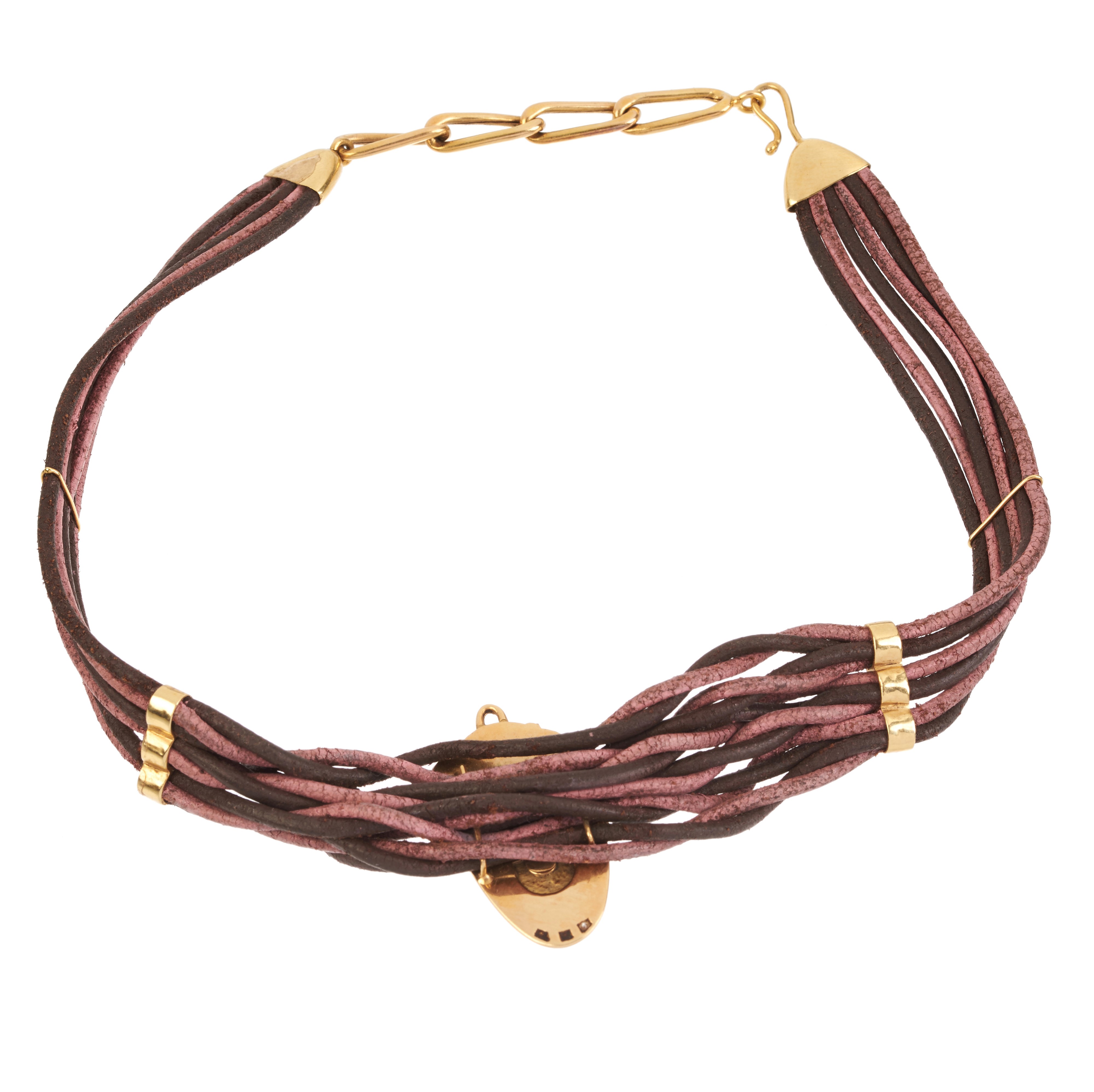 Collier de chien in oro giallo 18 kt, argento, diamanti e pelle