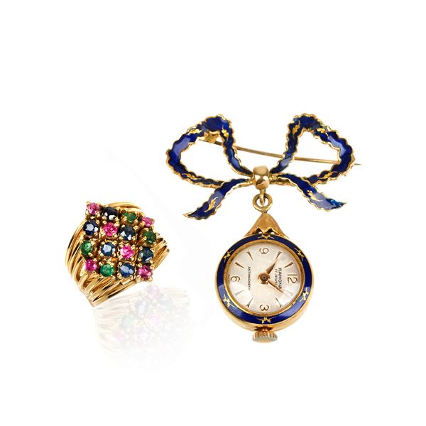 18kt yellow gold brooch, blue enamel and 18kt yellow gold ring, rubies, sapphires and emeralds