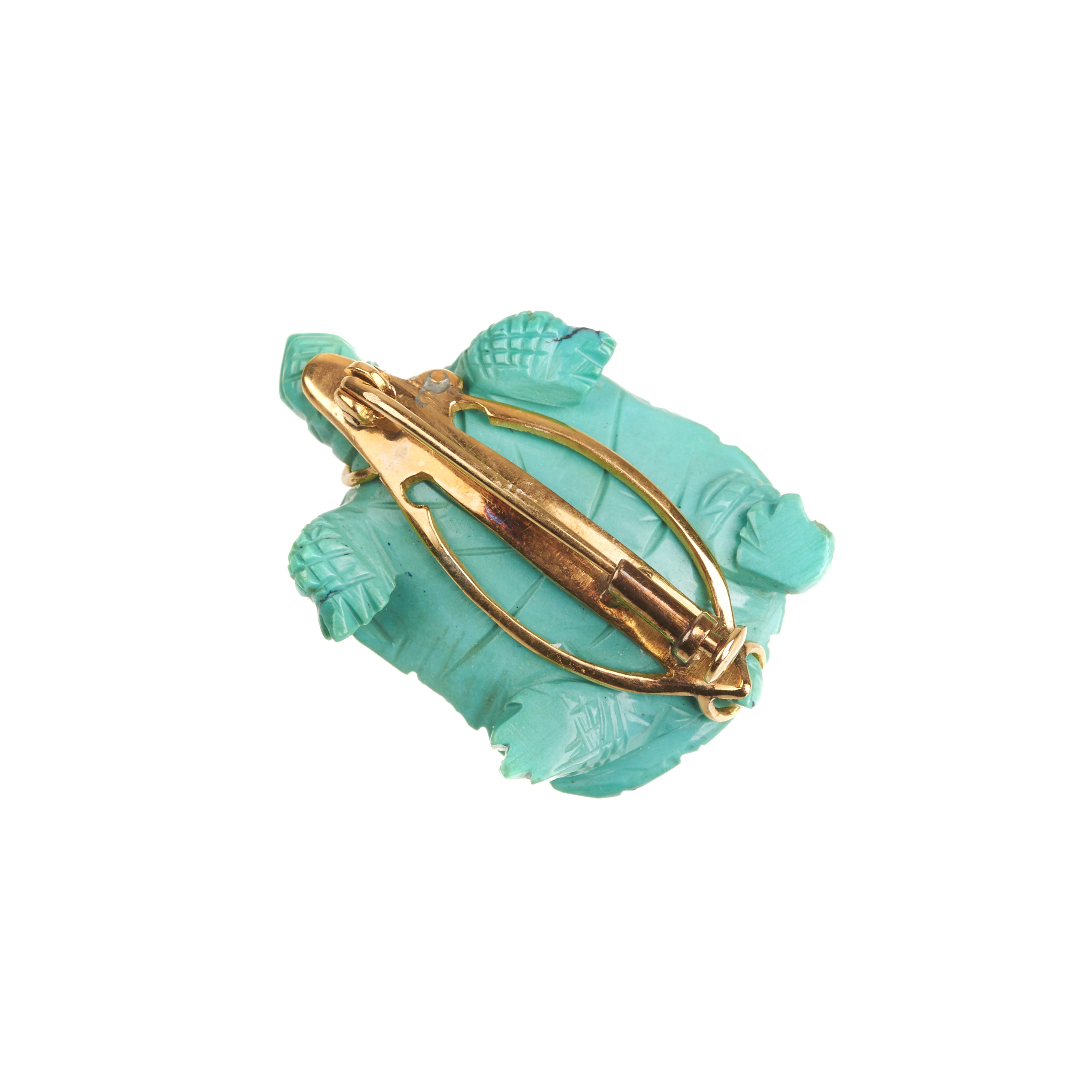 Spilla tartaruga in turchese inciso e oro giallo 18 kt