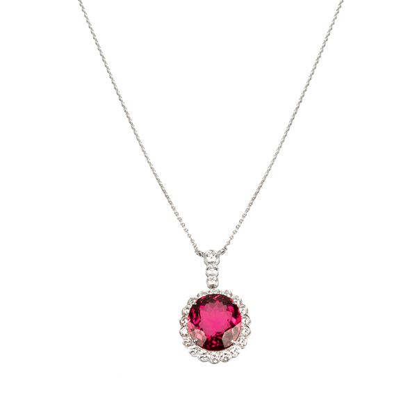 Daisy pendant with 18 kt white gold chain, diamonds and pink rubellite