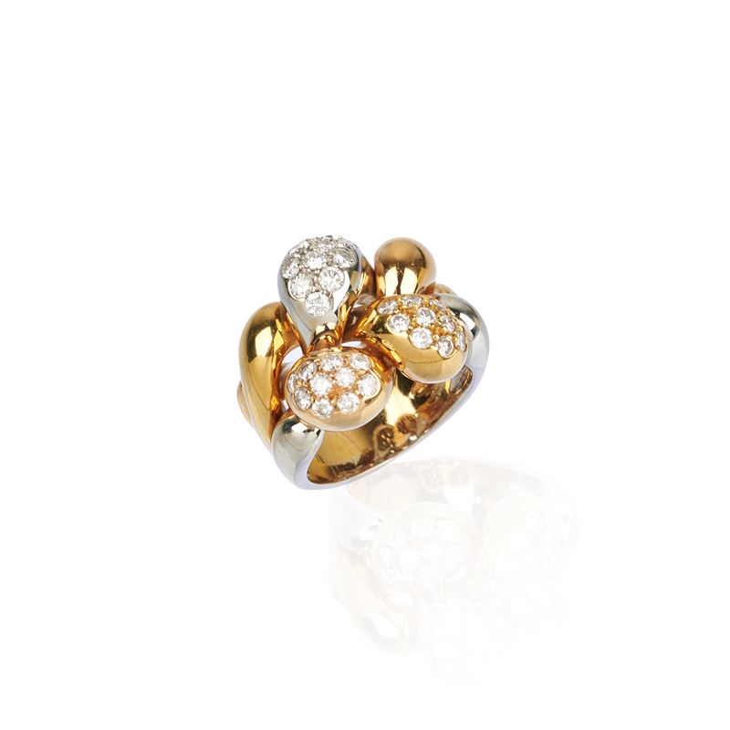 Anello fantasia in oro giallo, oro rosa e oro bianco 18 kt e diamanti