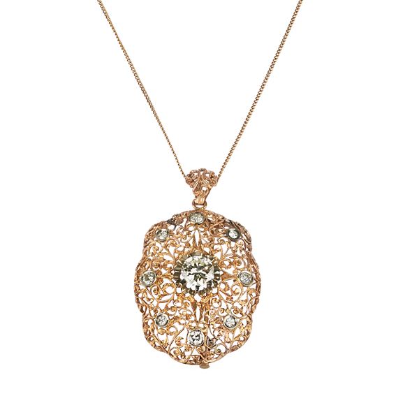 Pendant brooch in 18 kt yellow gold, white gold and diamonds