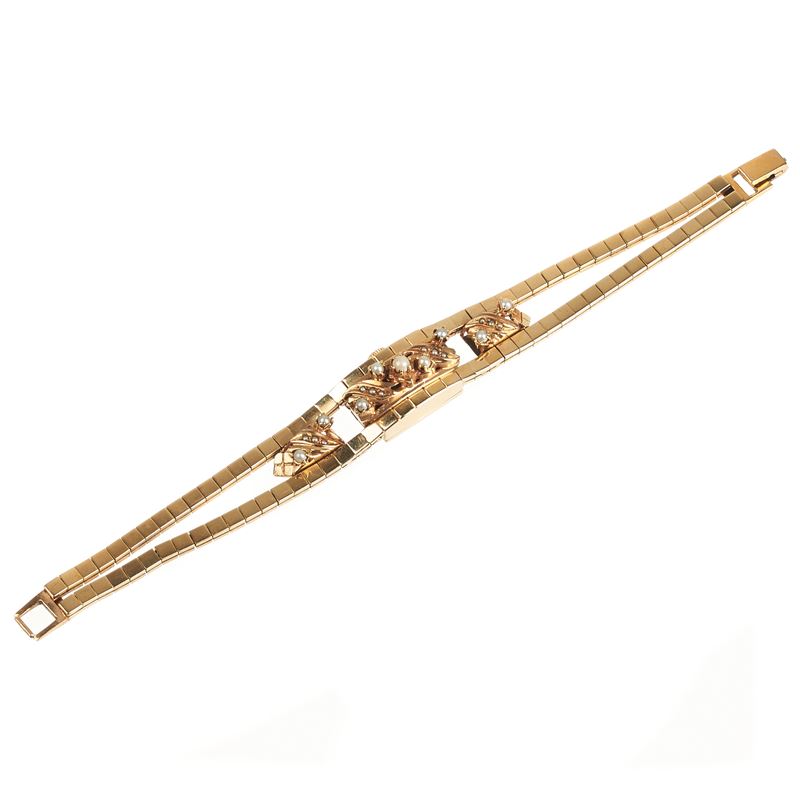 Bracciale orologio in oro giallo 14 kt e microperle