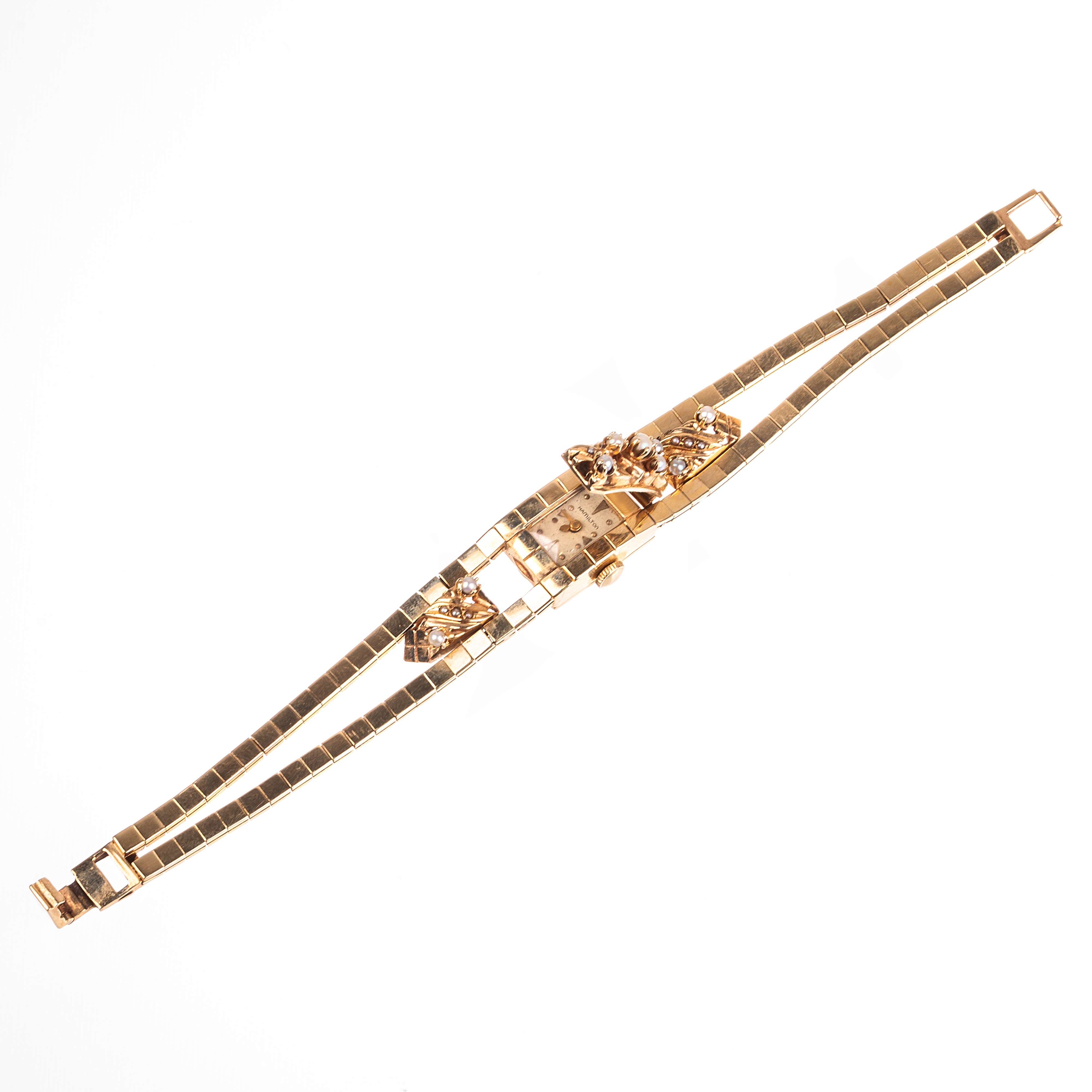 Bracciale orologio in oro giallo 14 kt e microperle