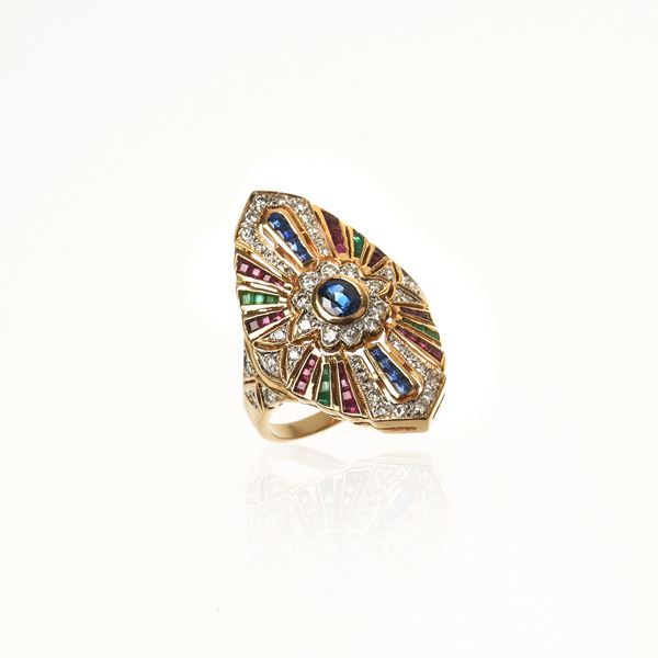 Shield ring in 18 kt yellow gold, sapphires, rubies, emeralds and diamonds